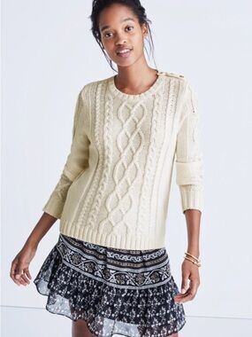 Sezane Cream Cable-Knit Crewneck Sweater